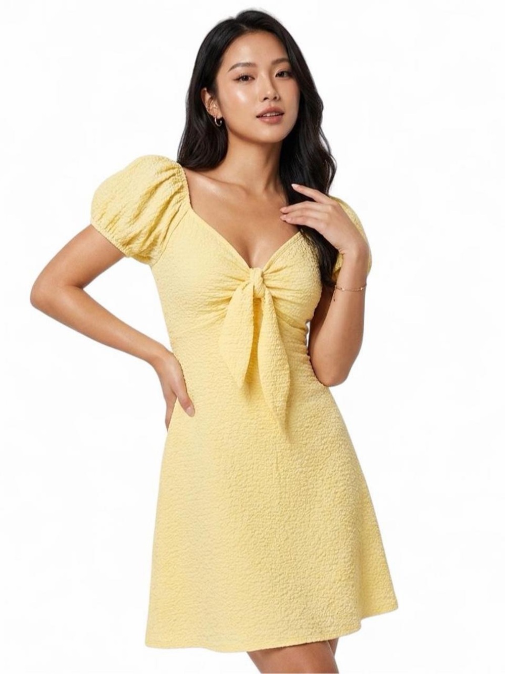 See You Monday Yellow Puff Sleeve Tie Front Mini Dress Size M Cottagecore